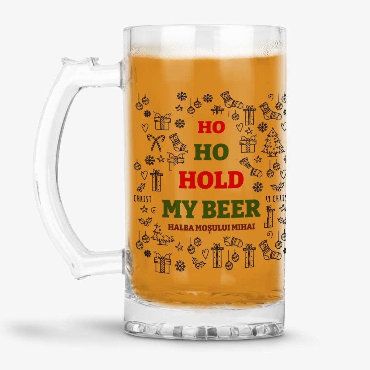 Pivní půllitr s vlastním vánočním nápisem – Ho Ho Hold My Beer