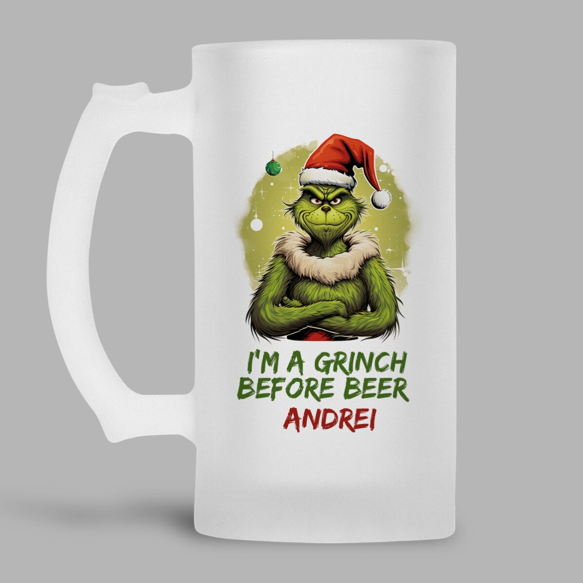 Pivní půllitr s vlastním nápisem – Grinch before beer