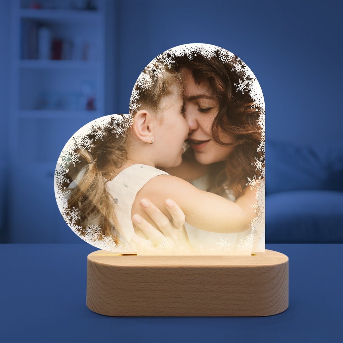 LED noční lampička ve tvaru srdce s vlastní fotografií – Sněhové vločky