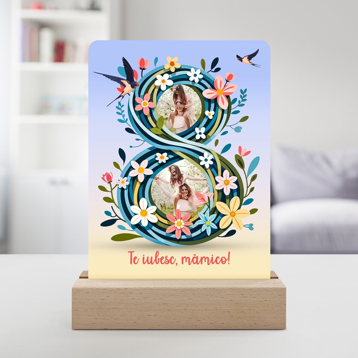 Personalizovaná LED noční lampička se 2 fotografiemi a textem – 8 květinový motiv