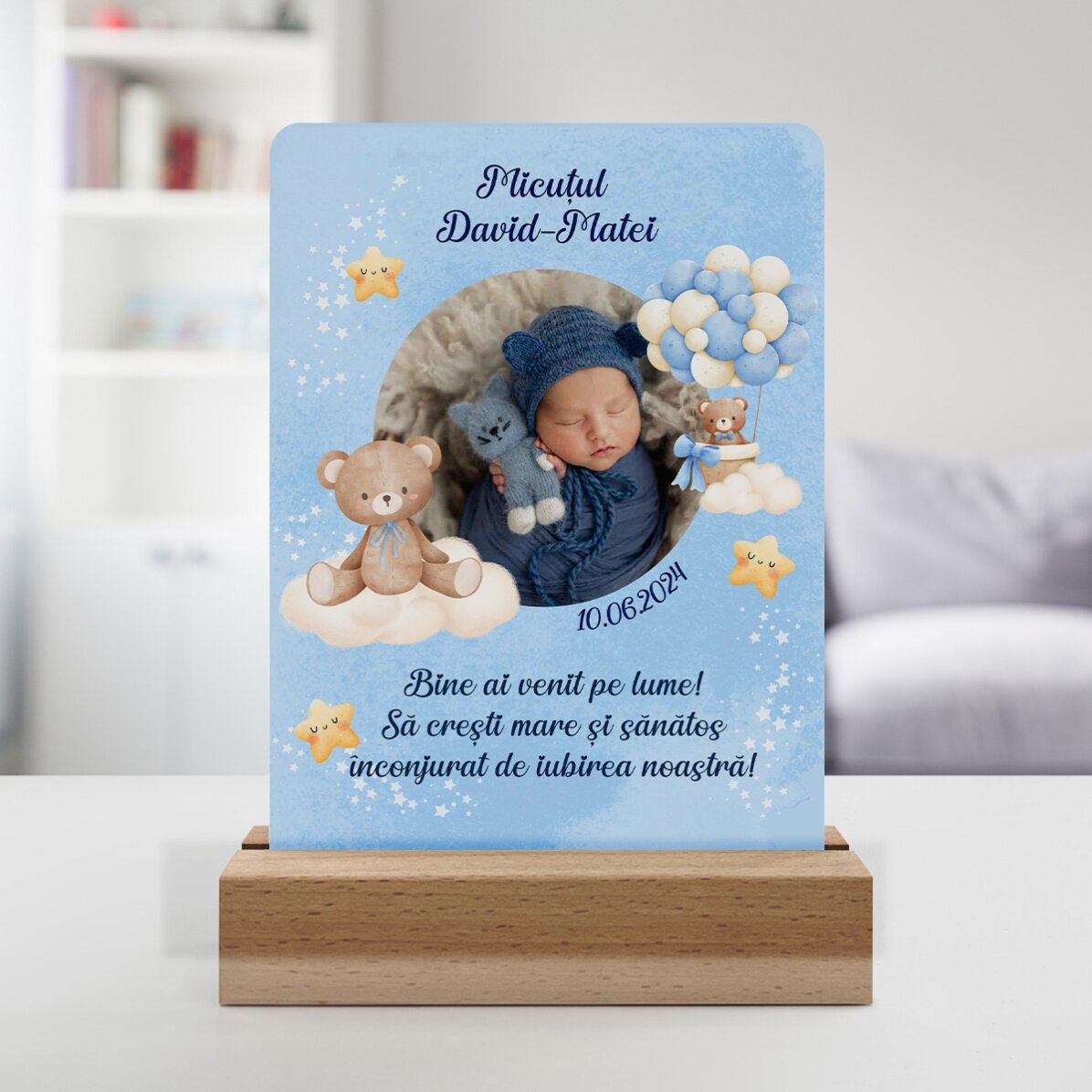 Personalizovaná LED noční lampička s fotografií a textem – Baby Boy