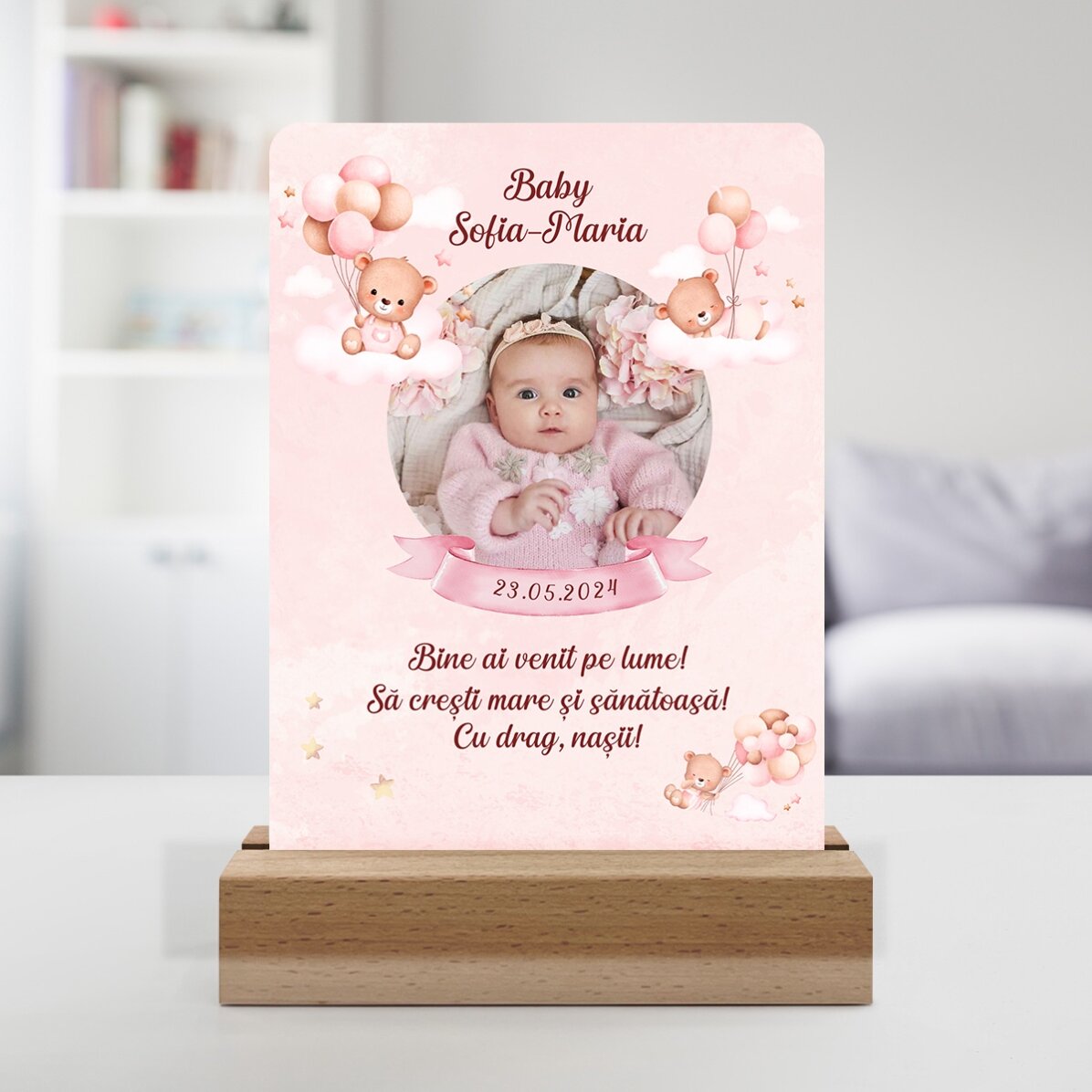 Personalizovaná LED noční lampička s fotografií a textem – Baby Girl