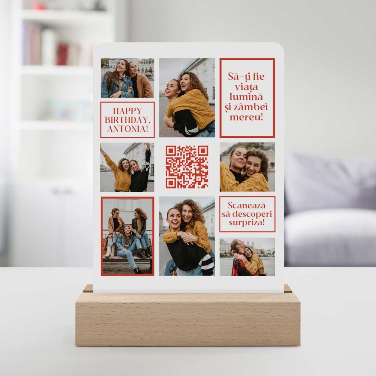 Personalizovaná LED noční lampička se 7 fotografiemi, vzkazem a QR kódem – Všechno nejlepší k naroze