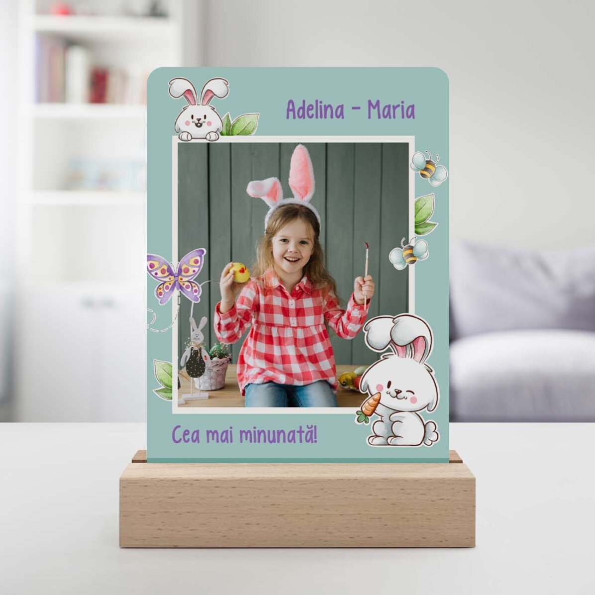 Personalizovaná LED noční lampička s fotografií a textem – Zajíček