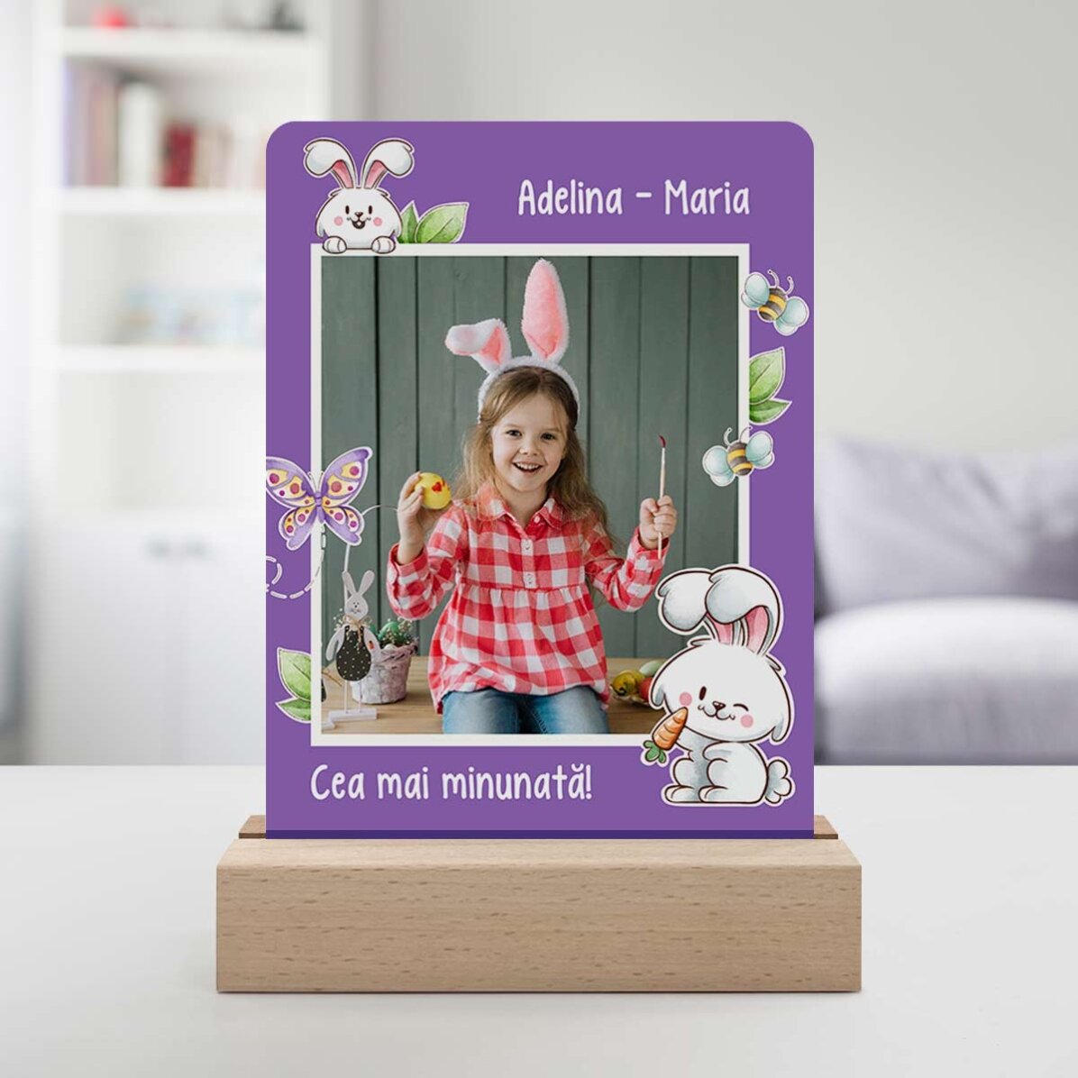 Personalizovaná LED noční lampička s fotografií a textem – Zajíček