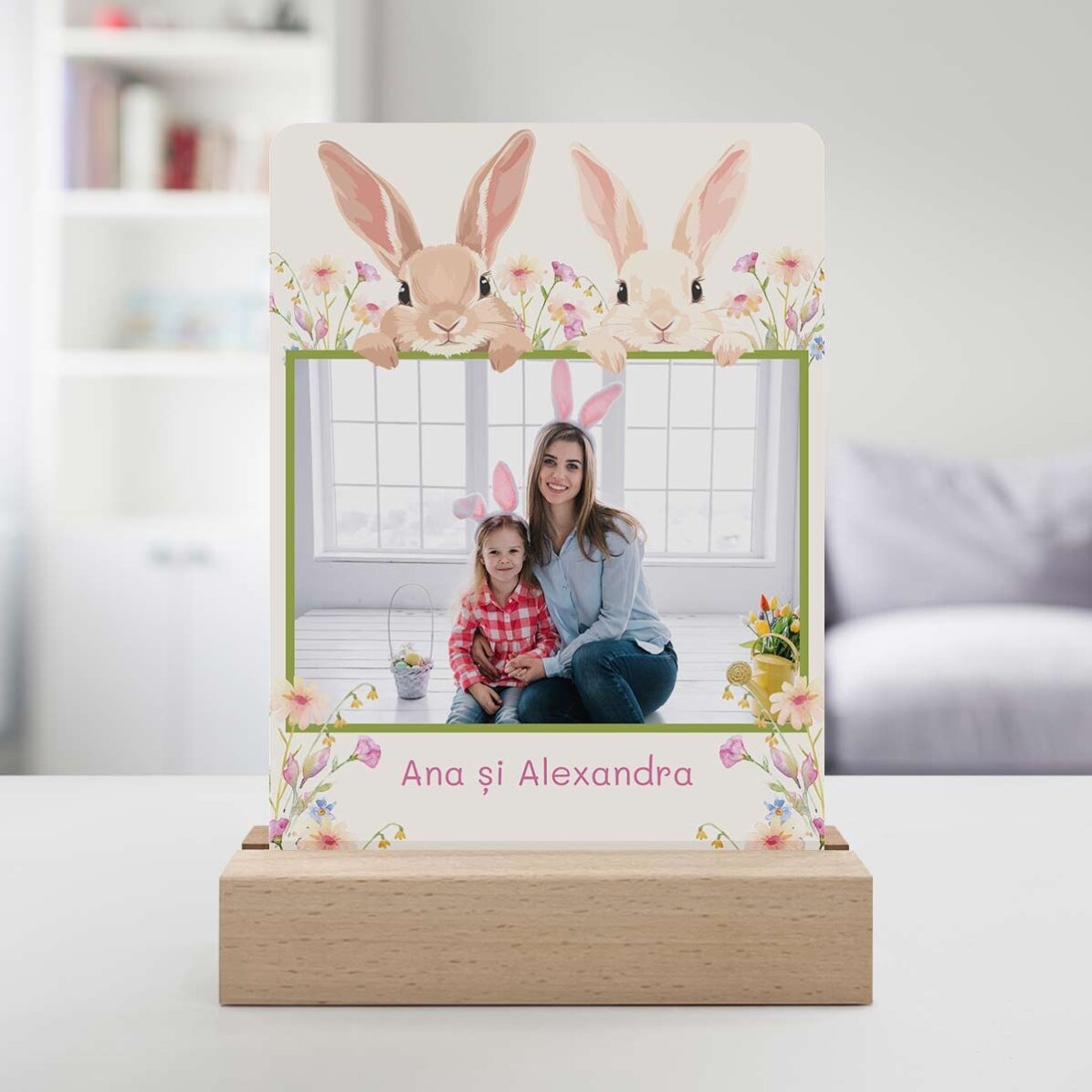 Personalizovaná LED noční lampička s fotografií a textem – Králíci