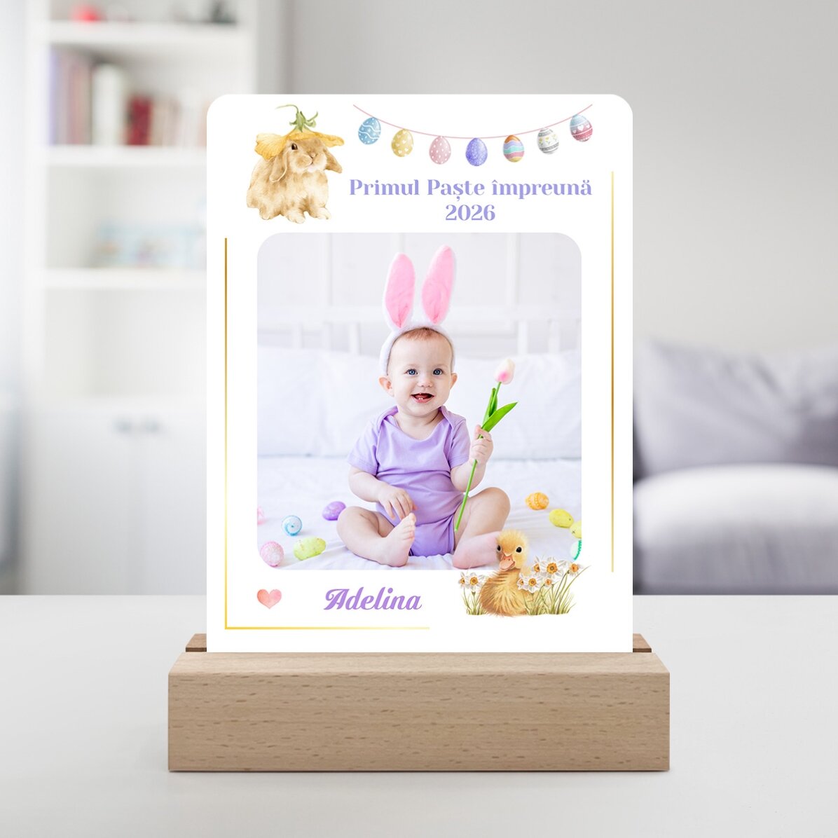 Personalizovaná LED noční lampička s fotografií a textem – První Velikonoce