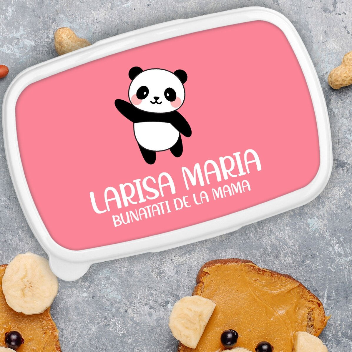 Lunch box, customised with text and coloured background - Panda