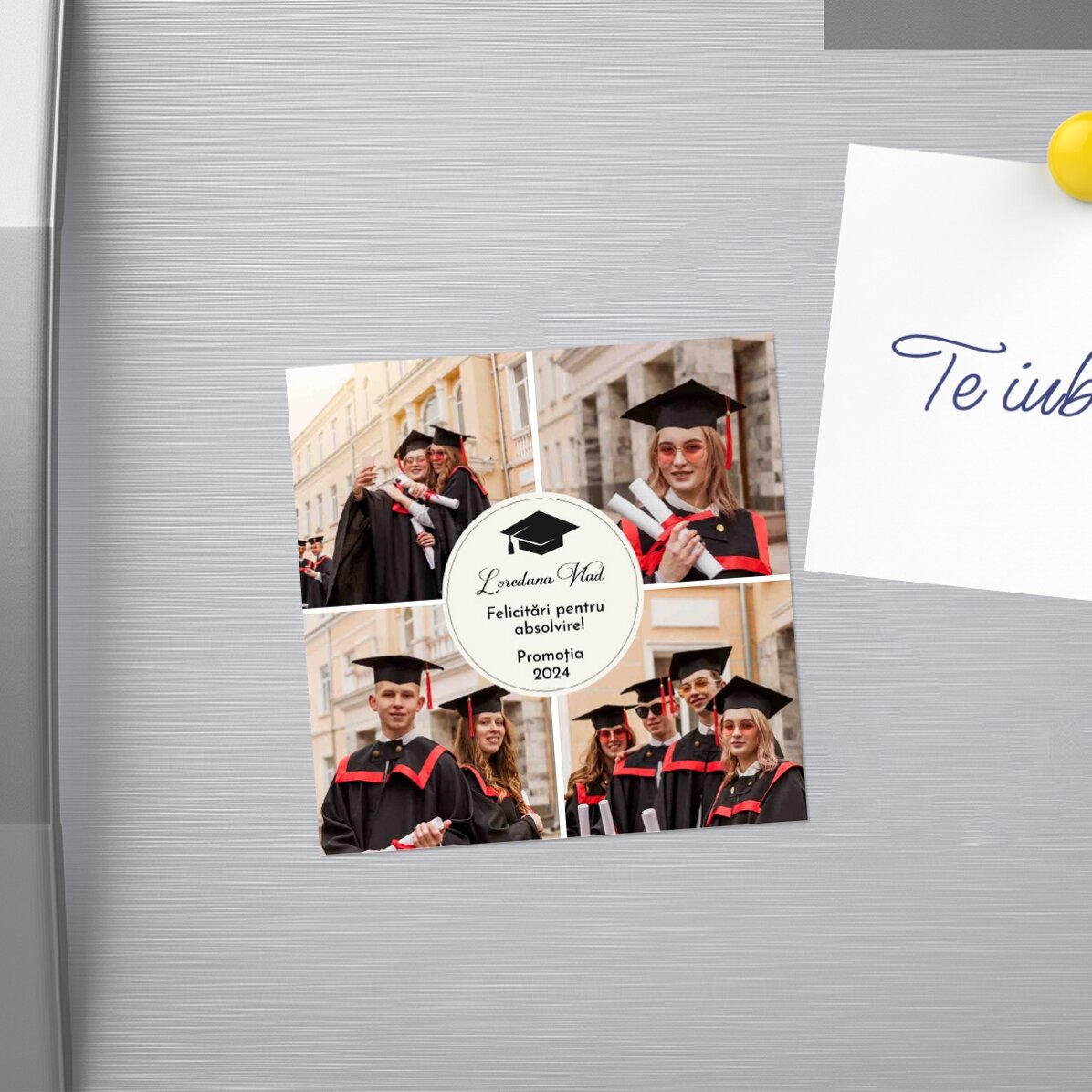 Personalizovaná magnetka 10 × 10 cm se 4 fotografiemi a textem – Promoce