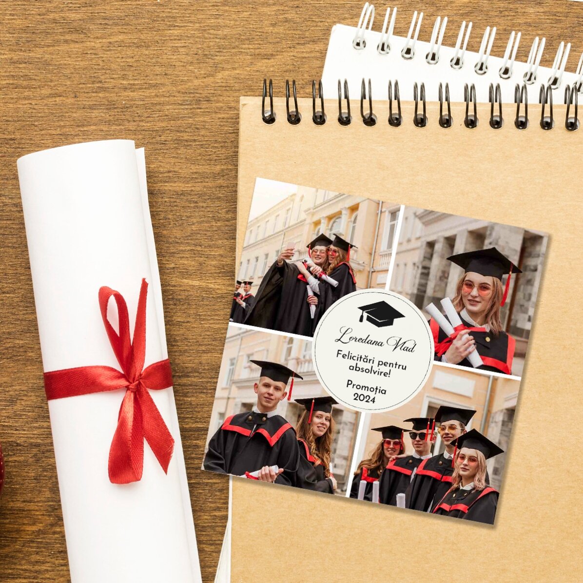 Personalizovaná magnetka 10 × 10 cm se 4 fotografiemi a textem – Promoce