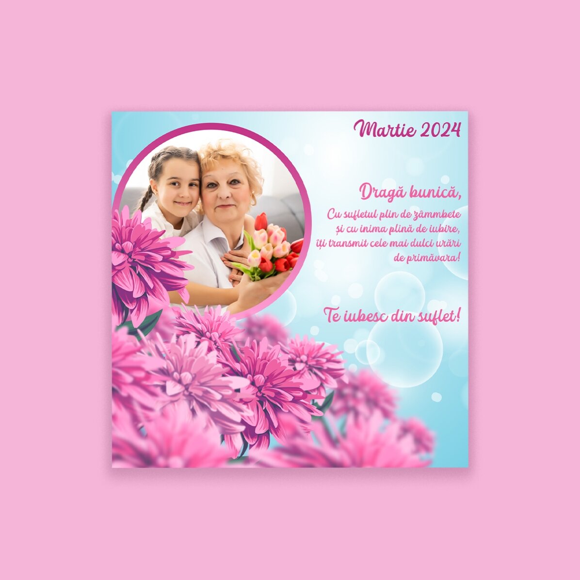 Magnet 10x10 s vlastní fotografií a textem – Růžové jaro
