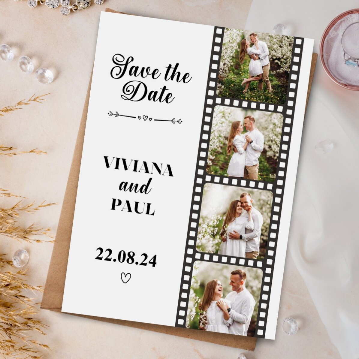 Personalizovaná magnetka 10 × 15 cm se 4 fotografiemi a textem – Save the date