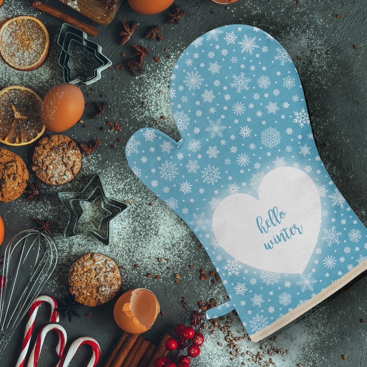 Kuchyňská rukavice s vlastním textem – Hello Winter