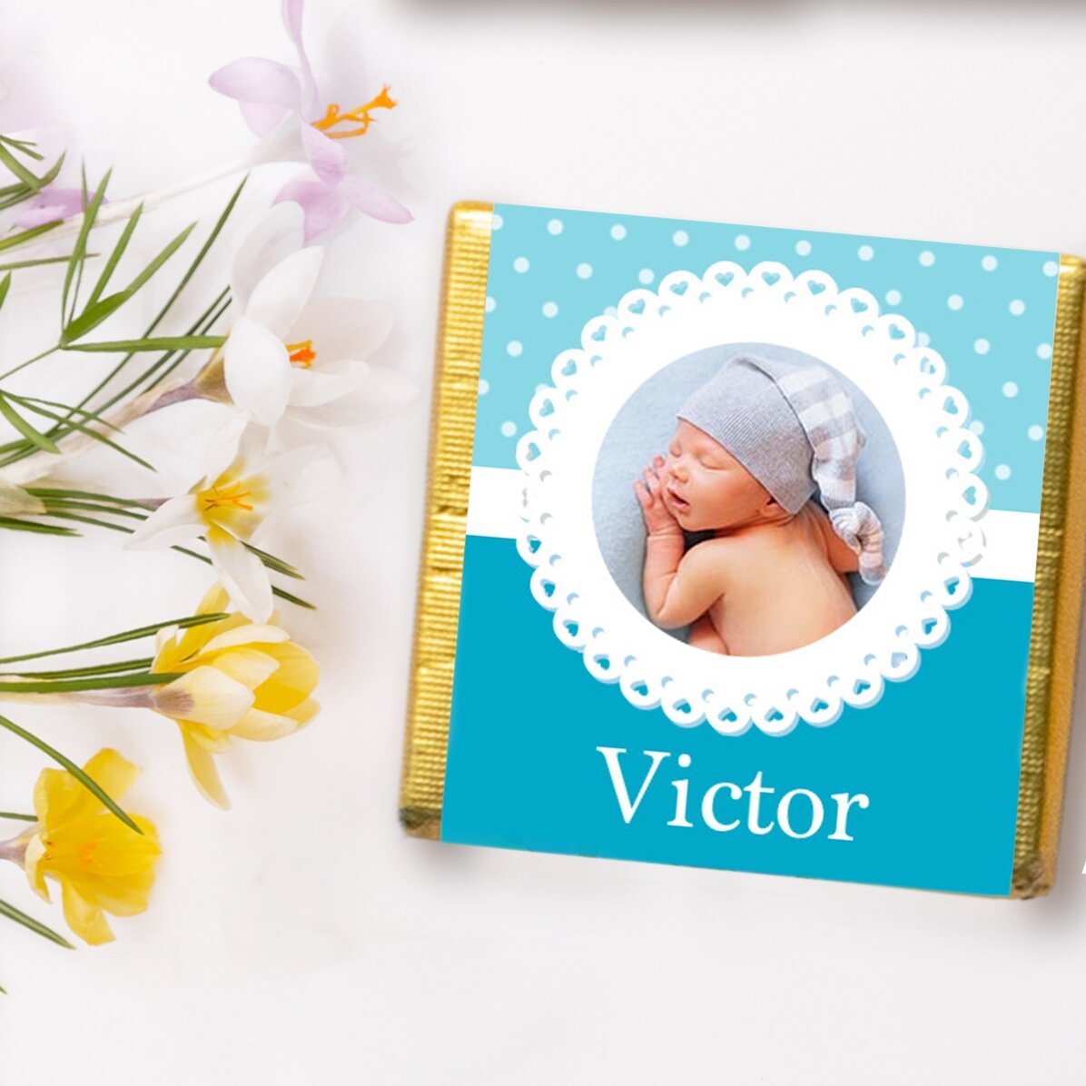 Mini čokoláda s vlastní fotografií a textem – Křestní dárek