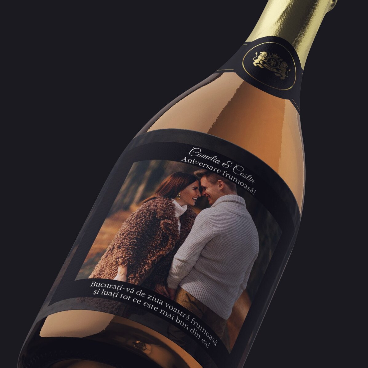 Mini bottle of sparkling wine personalised with text and photo for anniversaries