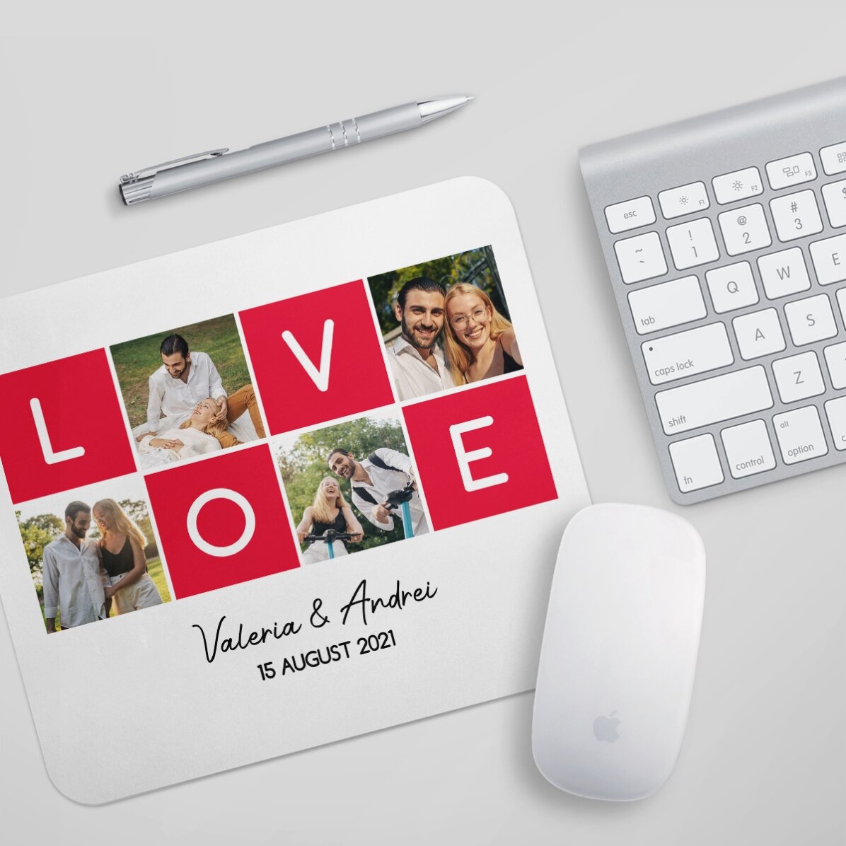Personalizovaná podložka pod myš se 4 fotografiemi a textem – LOVE