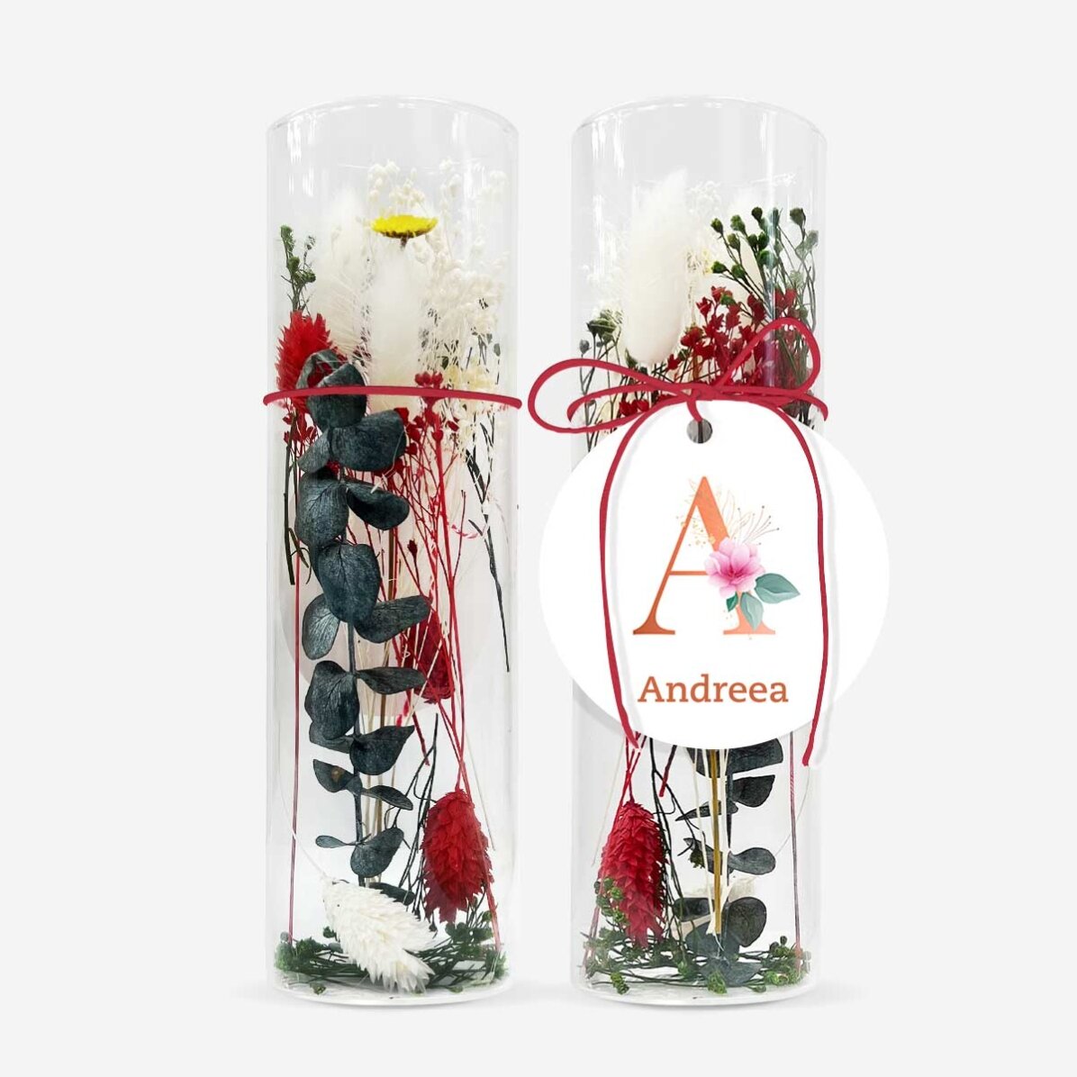 Skleněná dekorace s konzervovanými květinami, personalizovaná textem – Floral