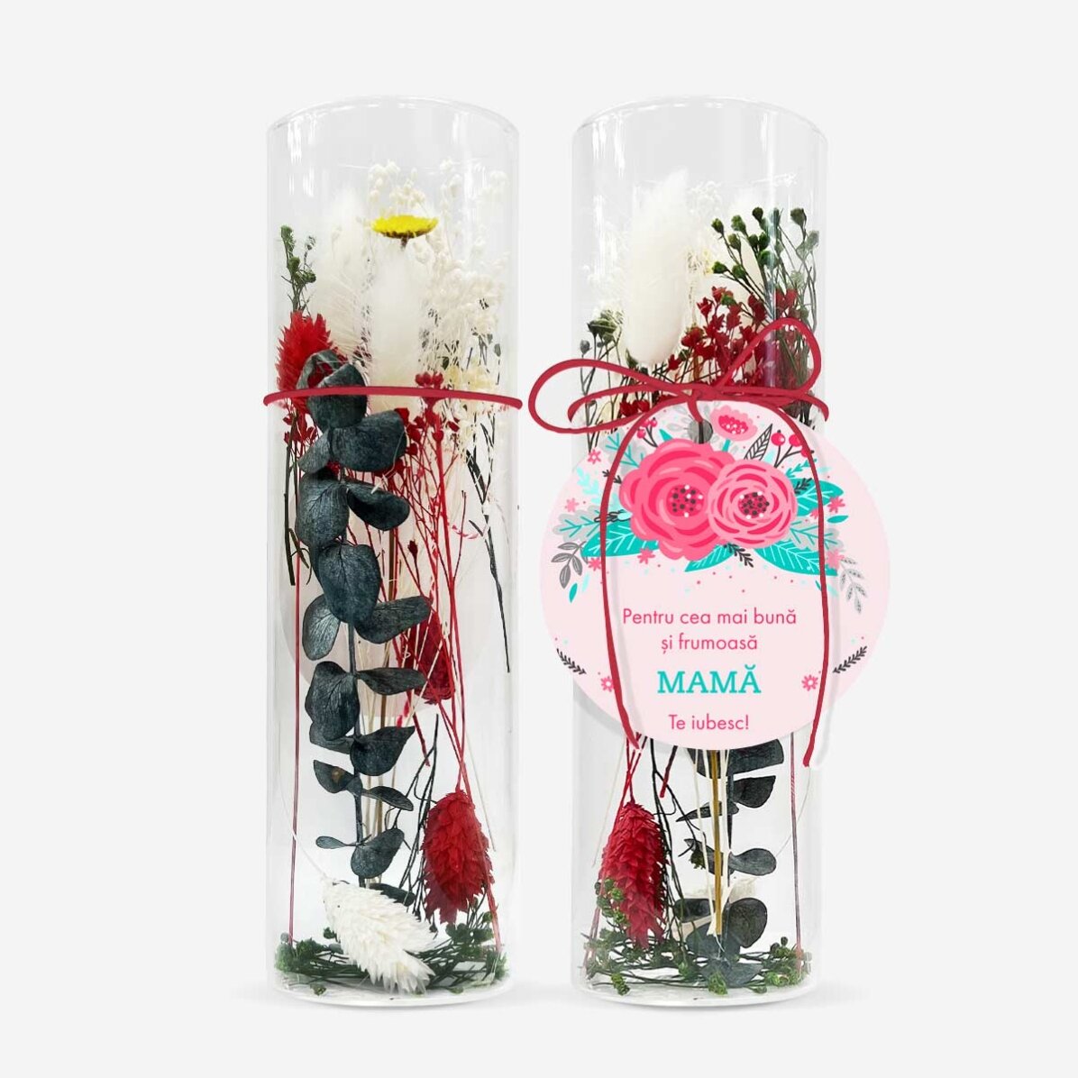 Skleněná dekorace s konzervovanými květinami, personalizovaná textem – Flowers