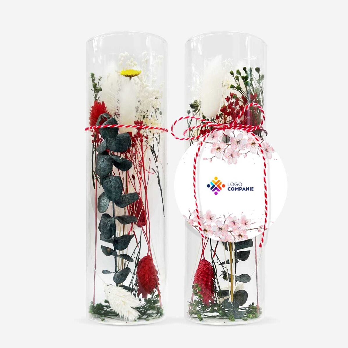 Skleněná ozdoba „martisor“ s konzervovanými květinami, personalizovaná logem – Květiny