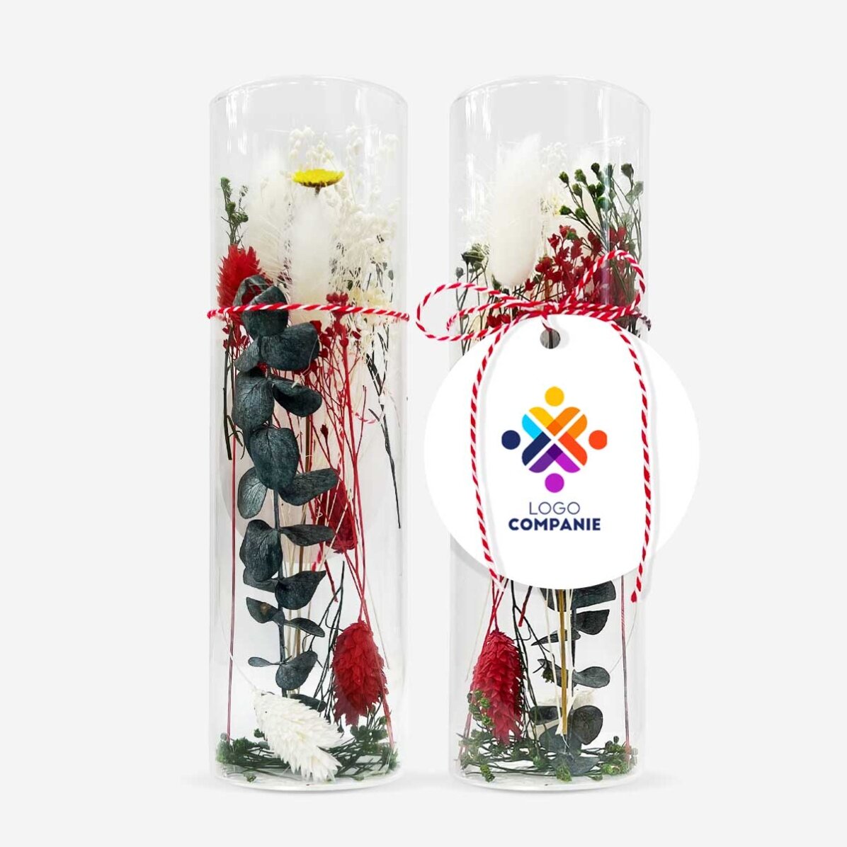 Skleněná ozdoba „martisor“ s konzervovanými květinami, personalizovaná logem
