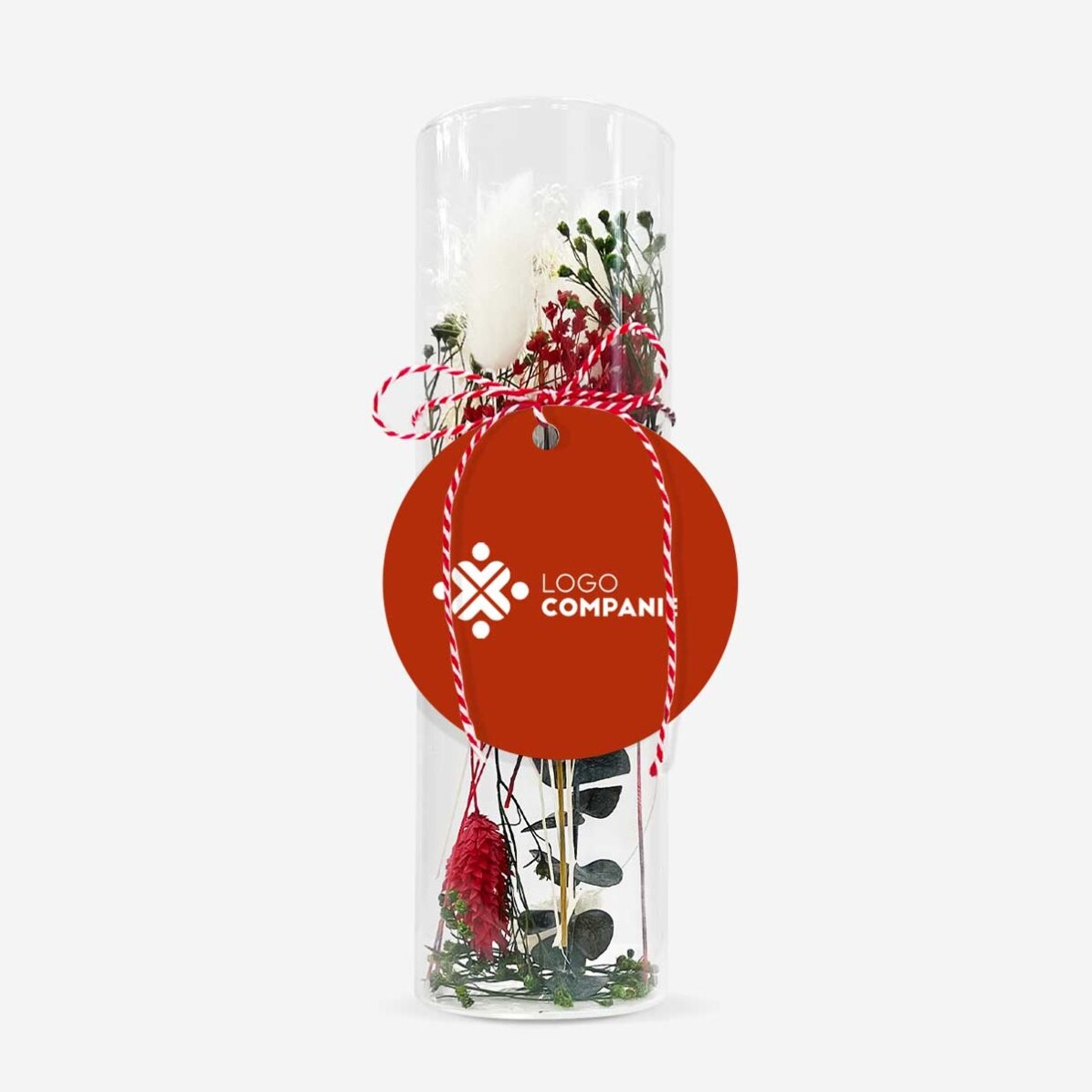 Skleněná ozdoba „martisor“ s konzervovanými květinami, personalizovaná logem