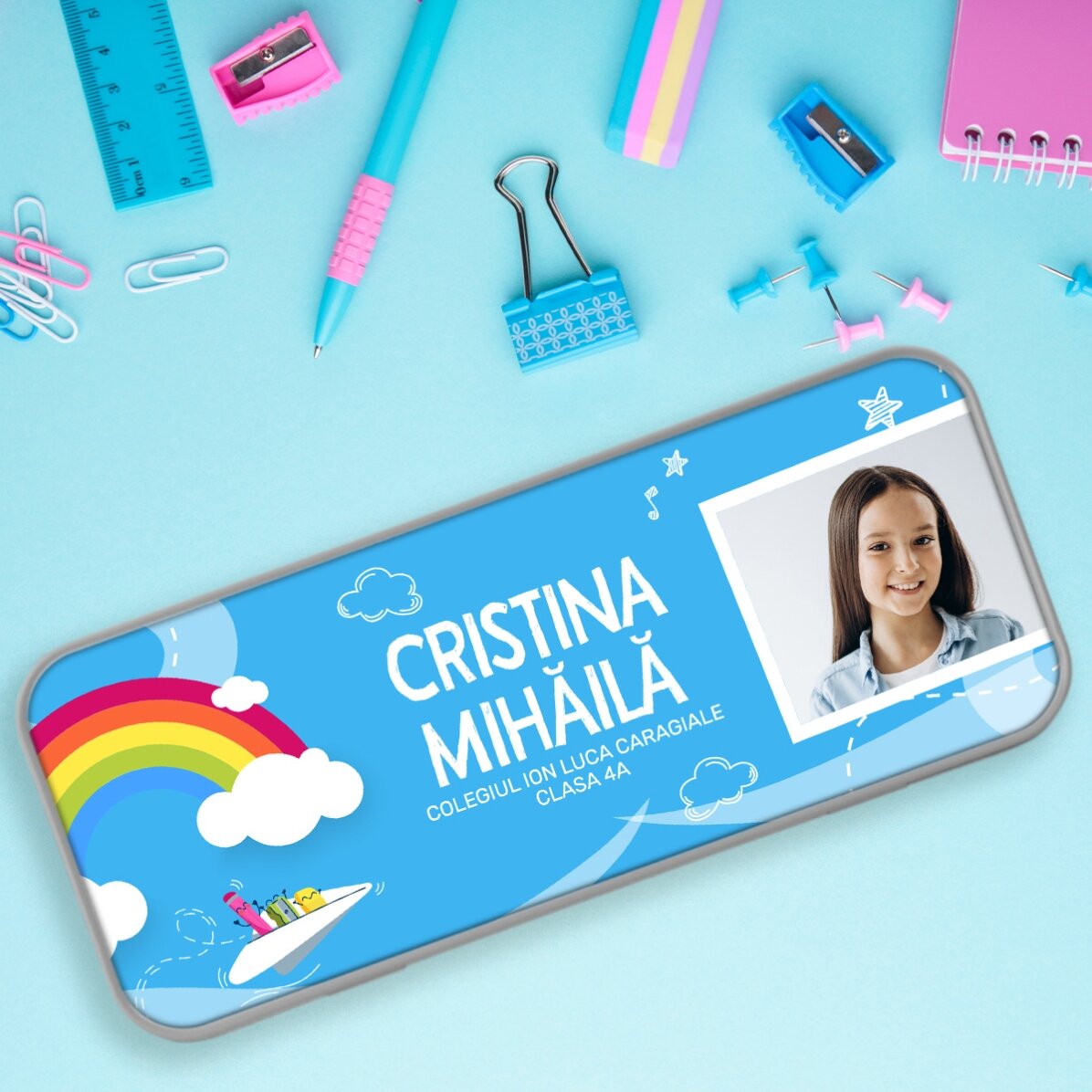 Personalizované pouzdro na tužky s fotografií a textem – model „duha“
