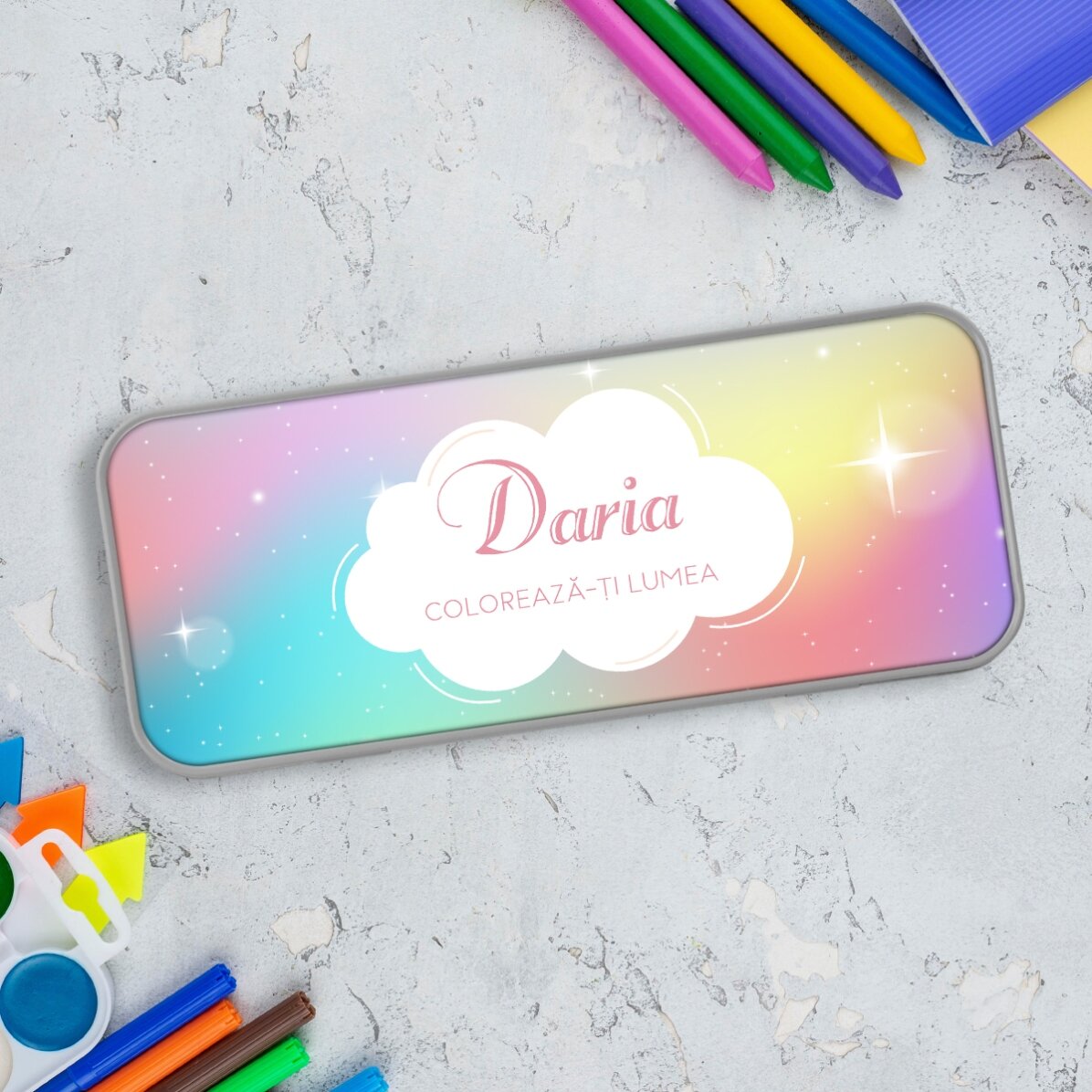 Personalizované pouzdro na tužky s nápisem – Rainbow