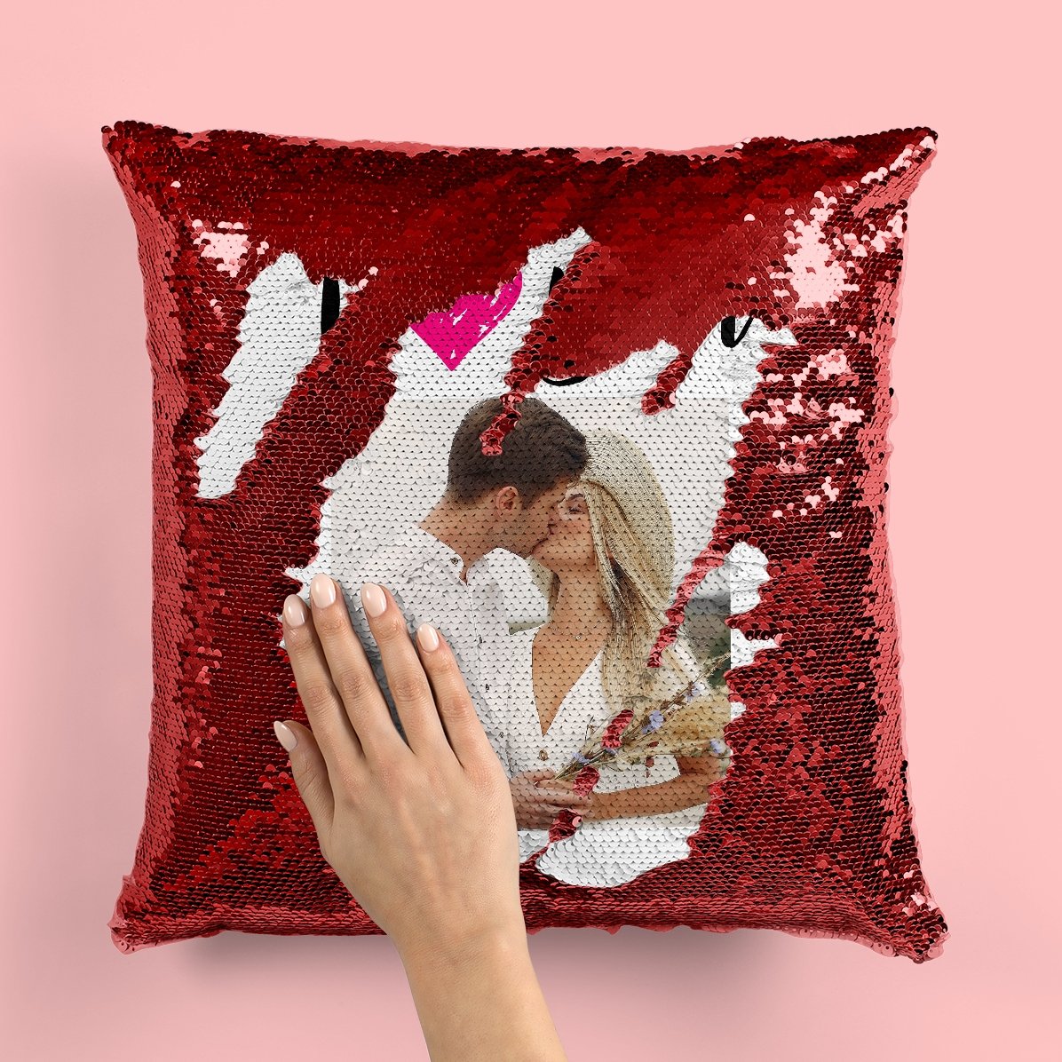 Osobně přizpůsobený polštář s flitry a fotografií – I love you