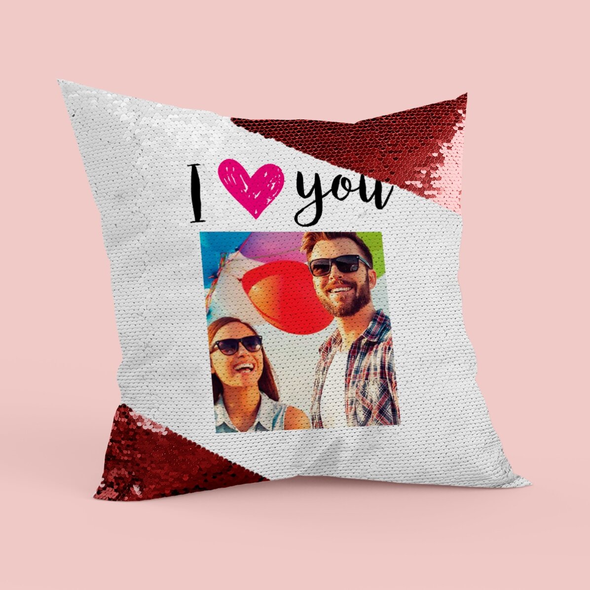 Osobně přizpůsobený polštář s flitry a fotografií – I love you