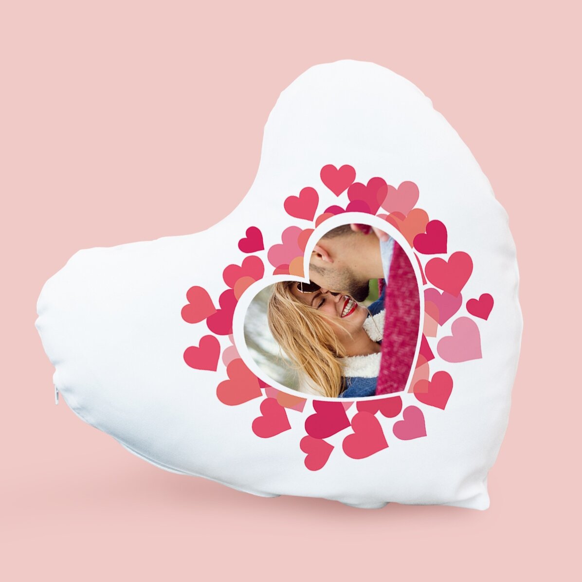 Personalizovaný polštář ve tvaru srdce s fotografií – růžová srdíčka