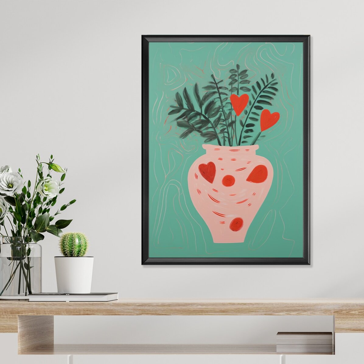 Plakát s ilustrací rostlin v květináčích a nakreslených srdíček
