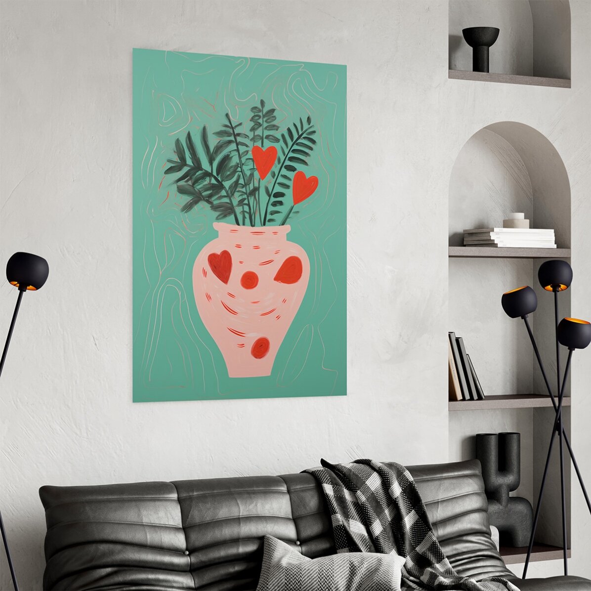 Plakát s ilustrací rostlin v květináčích a nakreslených srdíček