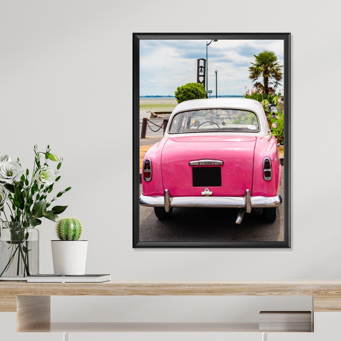 Plakát: Růžové auto ve vintage stylu