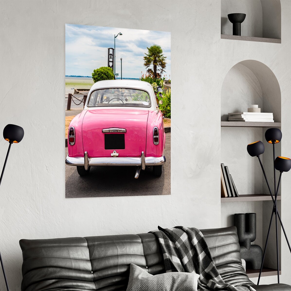 Plakát: Růžové auto ve vintage stylu
