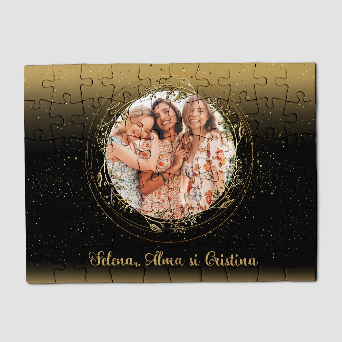 Personalizované puzzle s fotografií a textem, 20 × 15 cm – zlatý rámeček