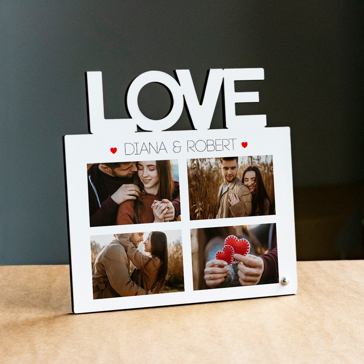Personalizovaný stolní fotorámeček se 4 fotografiemi a textem – model LOVE