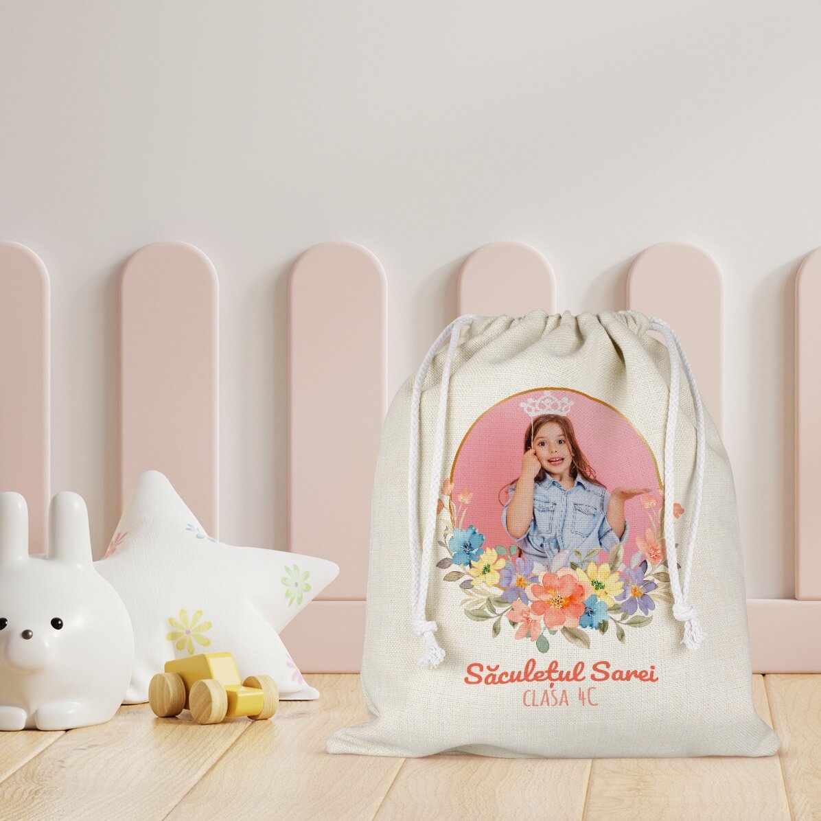Personalised nursery bag with text and a photo - Flowers