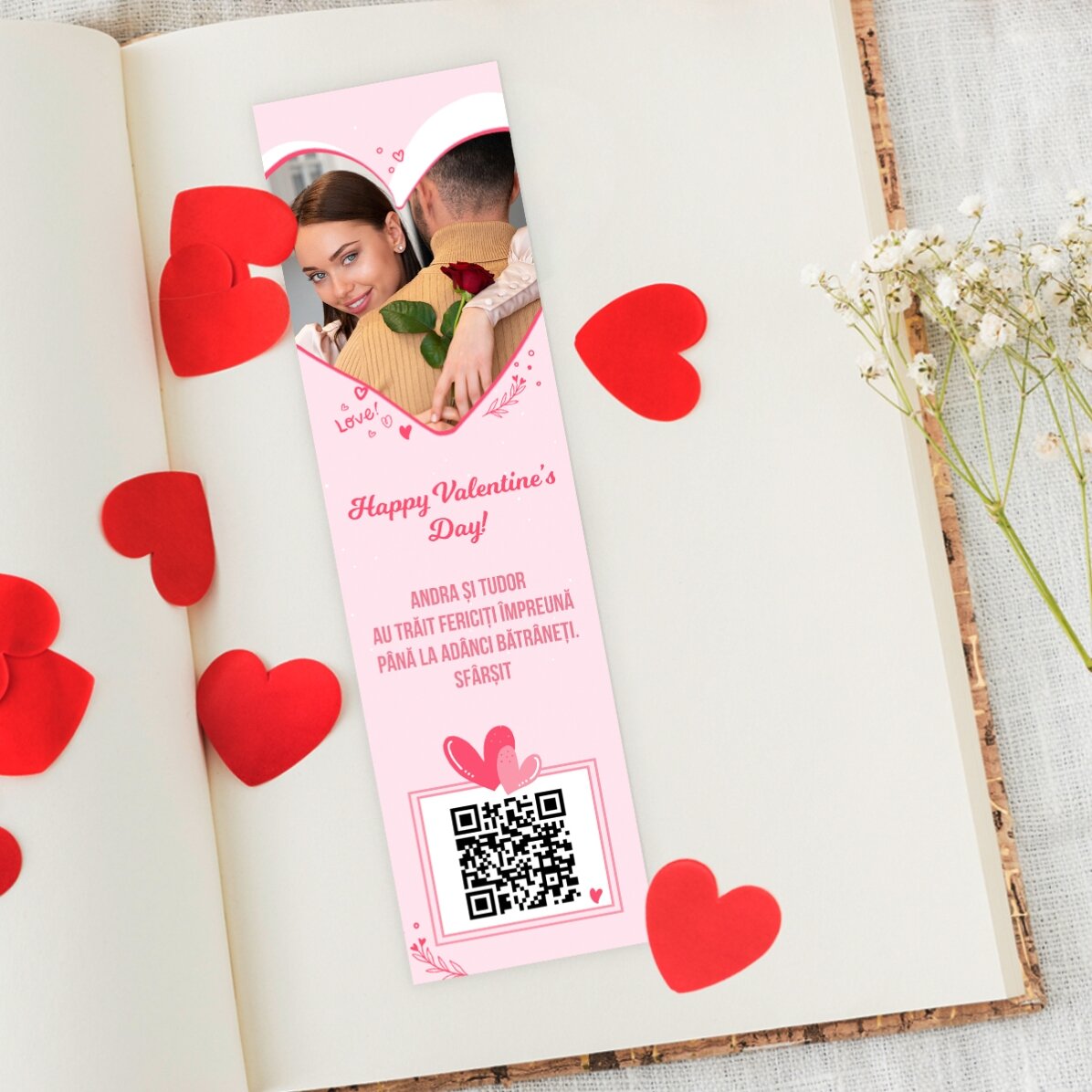 Personalizovaná záložka s fotografií, textem a QR kódem – Love