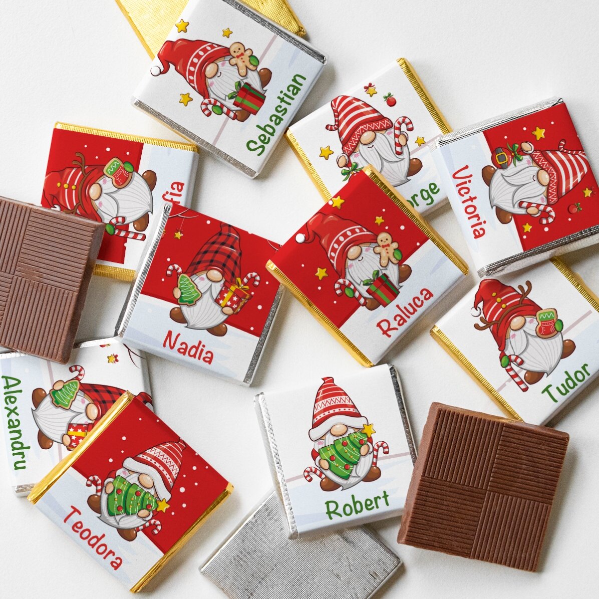 Sada 10 mini čokoládek s osobním jménem – Vánoční skřítci