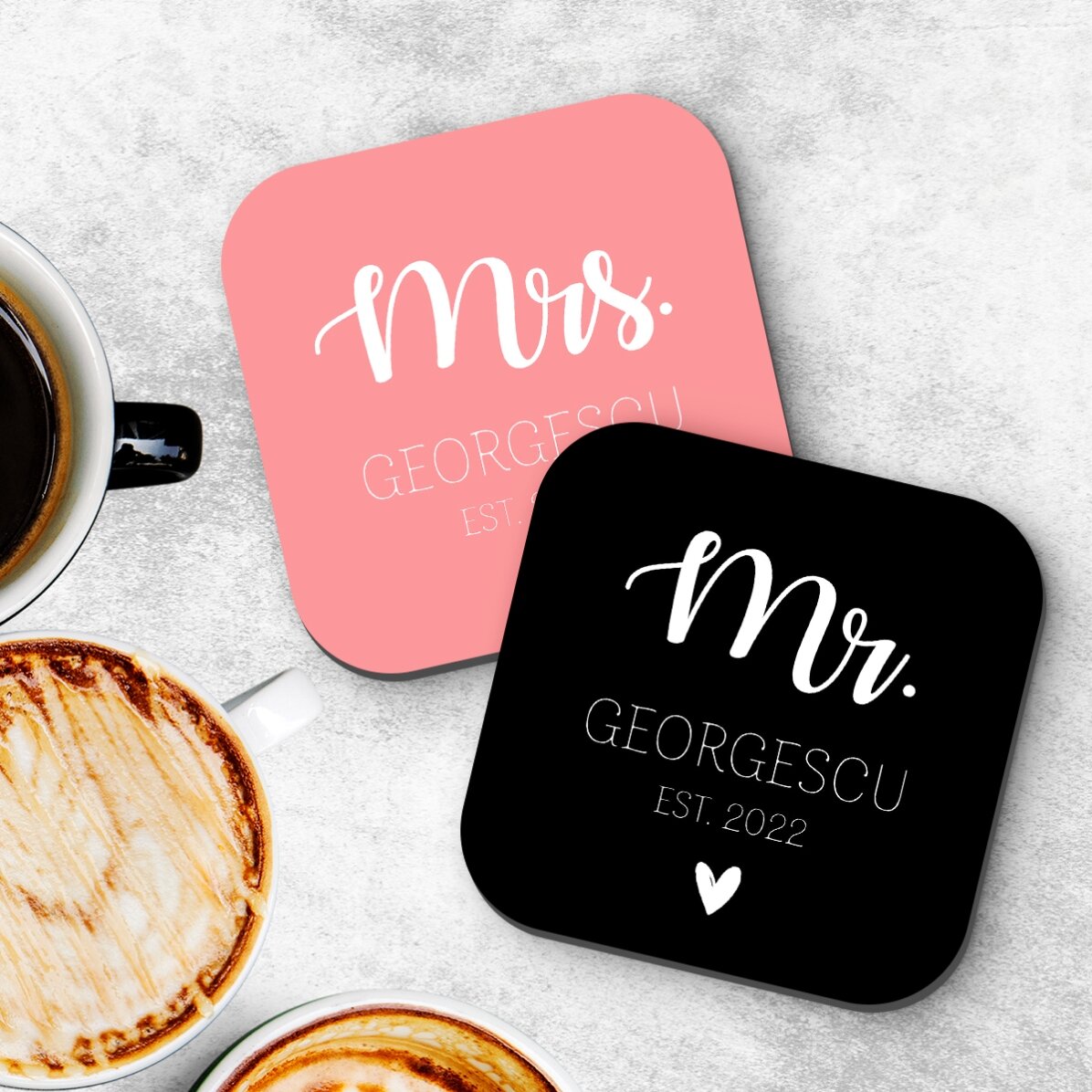 Sada 2 podtácků s vlastním textem – Mrs a Mr