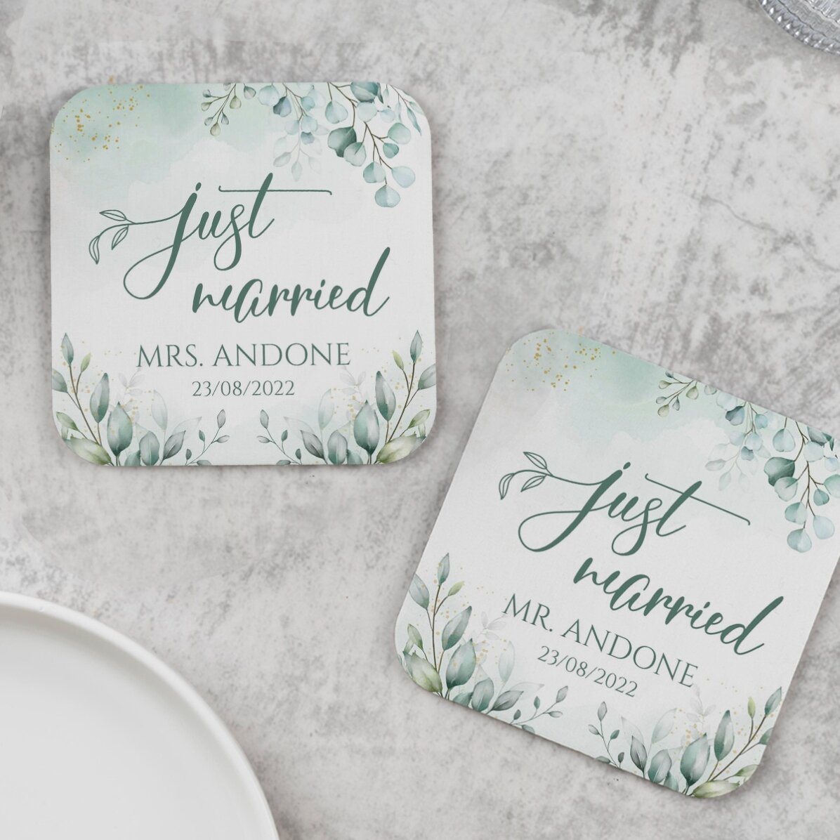 Sada 2 podtácků s vlastním textem – Just Married Elegance