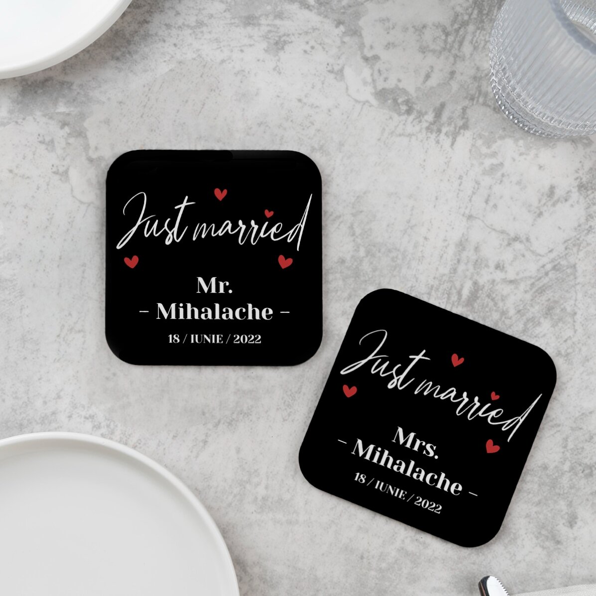 Sada 2 podtácků s vlastním textem – Just Married