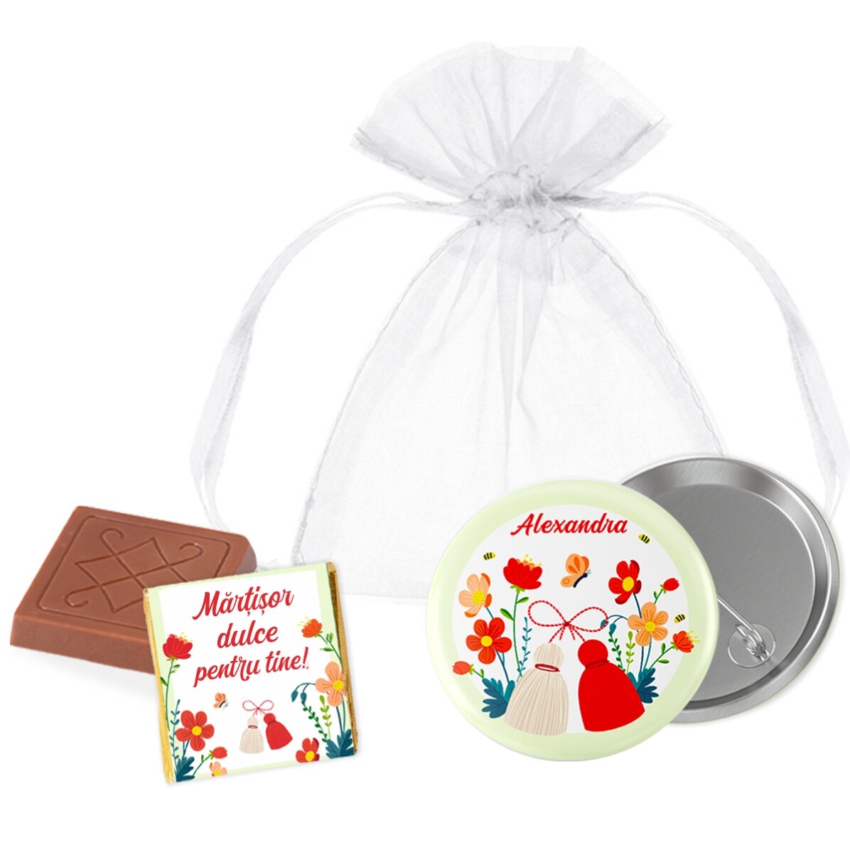 Dárková sada „martisor“ s mini čokoládkou a odznakem s vlastním jménem