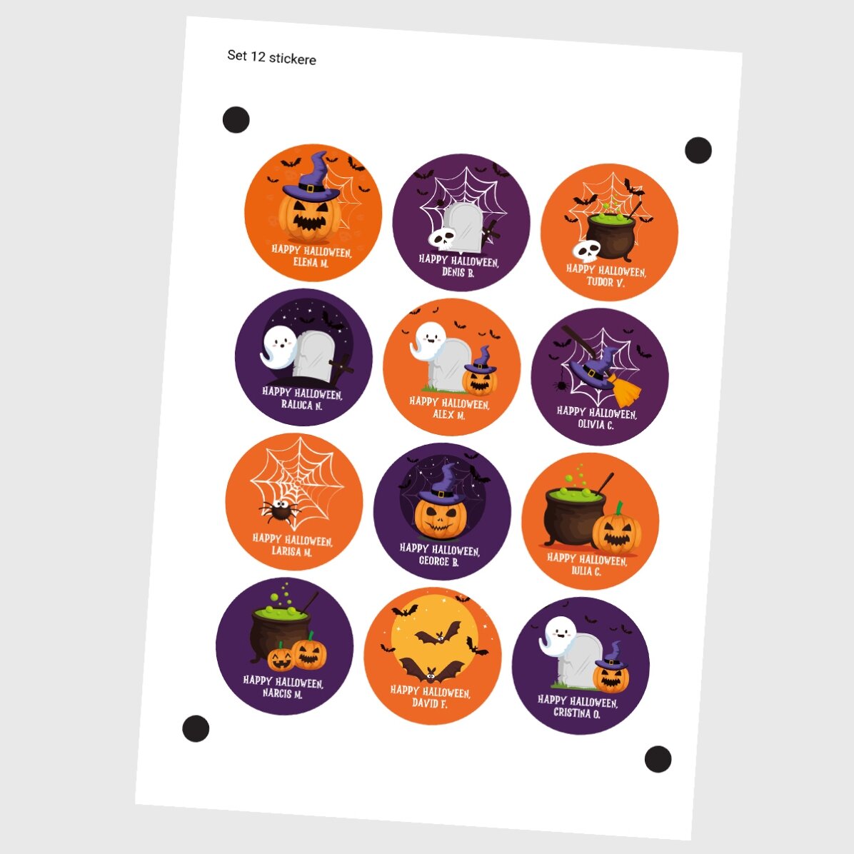 Sada 12 kulatých samolepek (samolepicích štítků) s vlastním textem – Halloween
