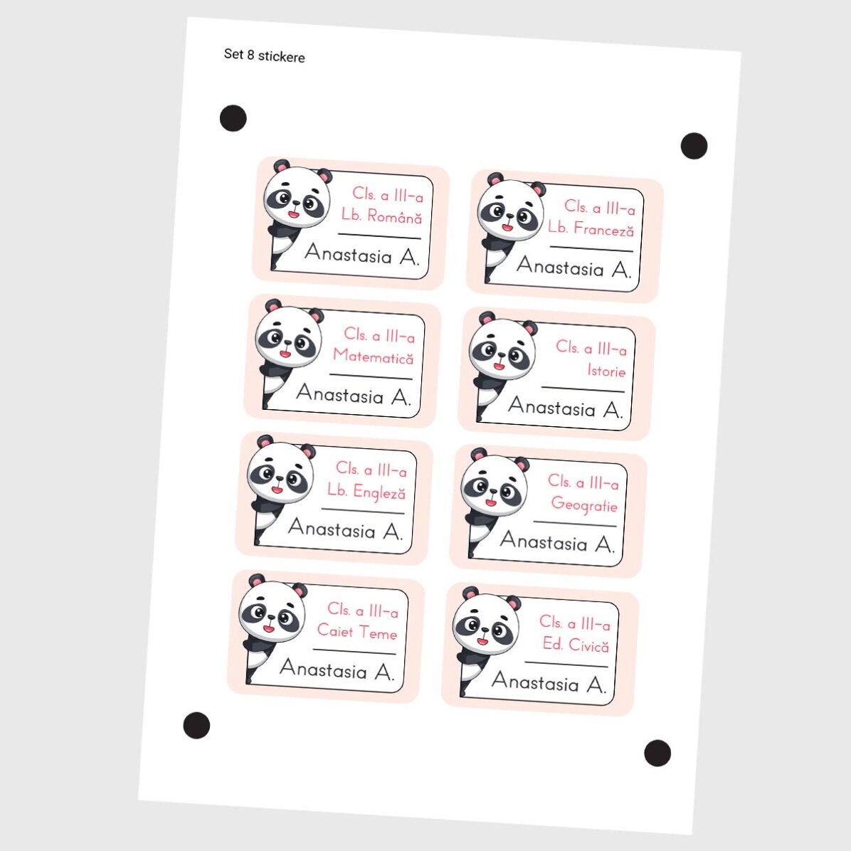 Sada 8 samolepek (samolepicích štítků) s vlastním potiskem pro školu – Panda
