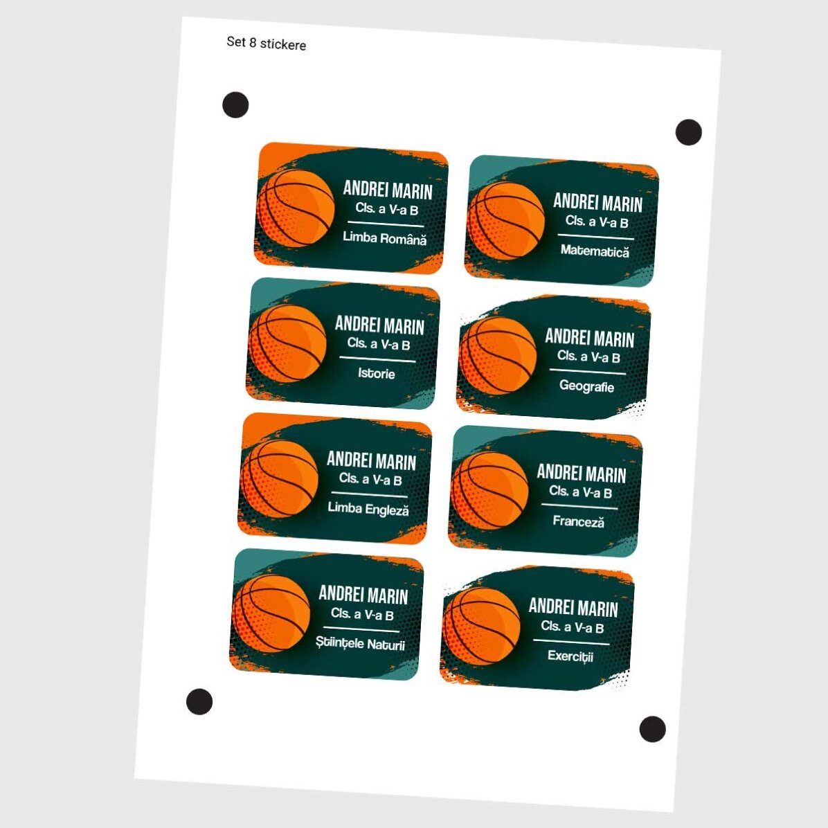 Sada 8 samolepek (samolepicích štítků) s vlastním motivem pro školu – Basketbal