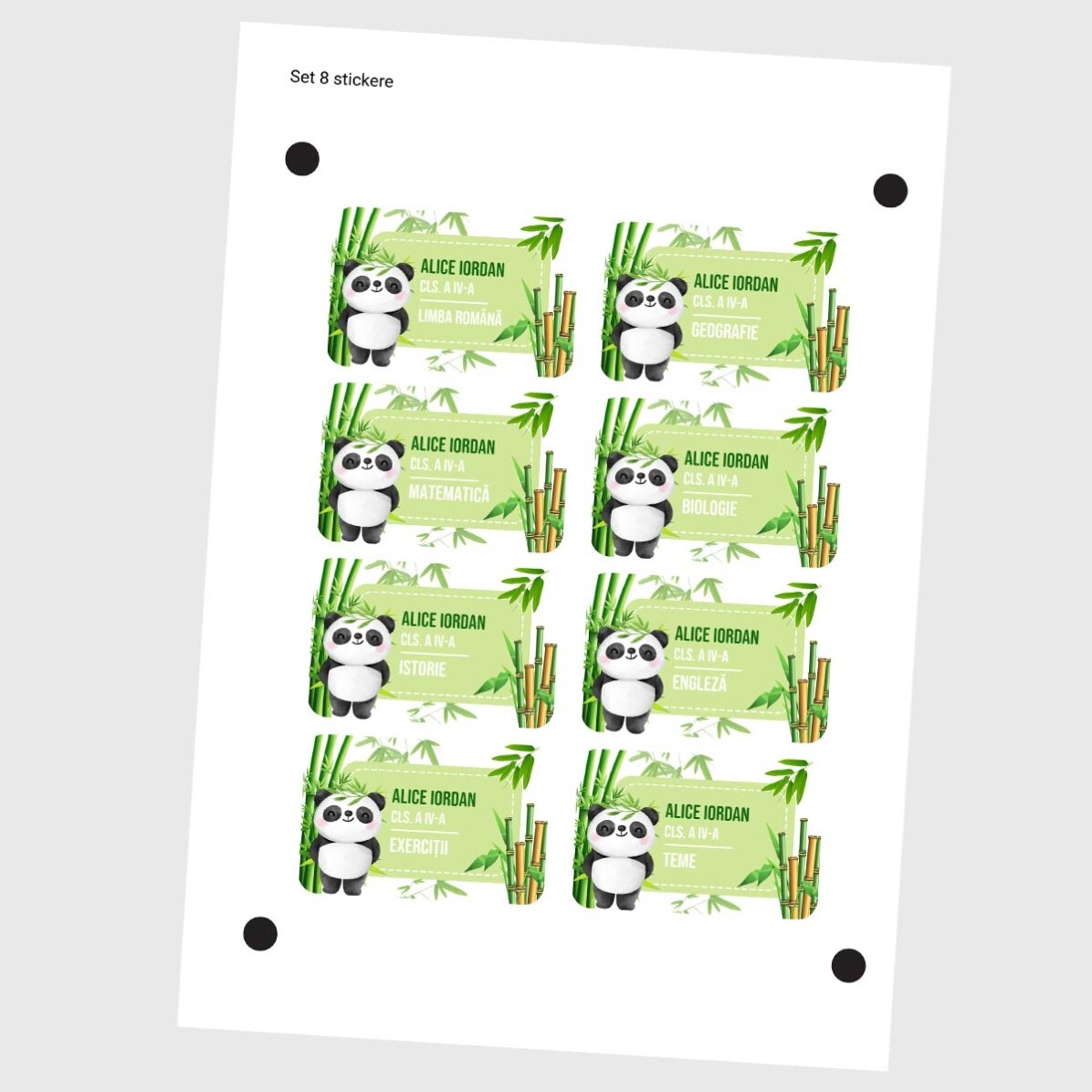 Sada 8 samolepek (samolepicích štítků) s vlastním potiskem pro školu – Cute Panda