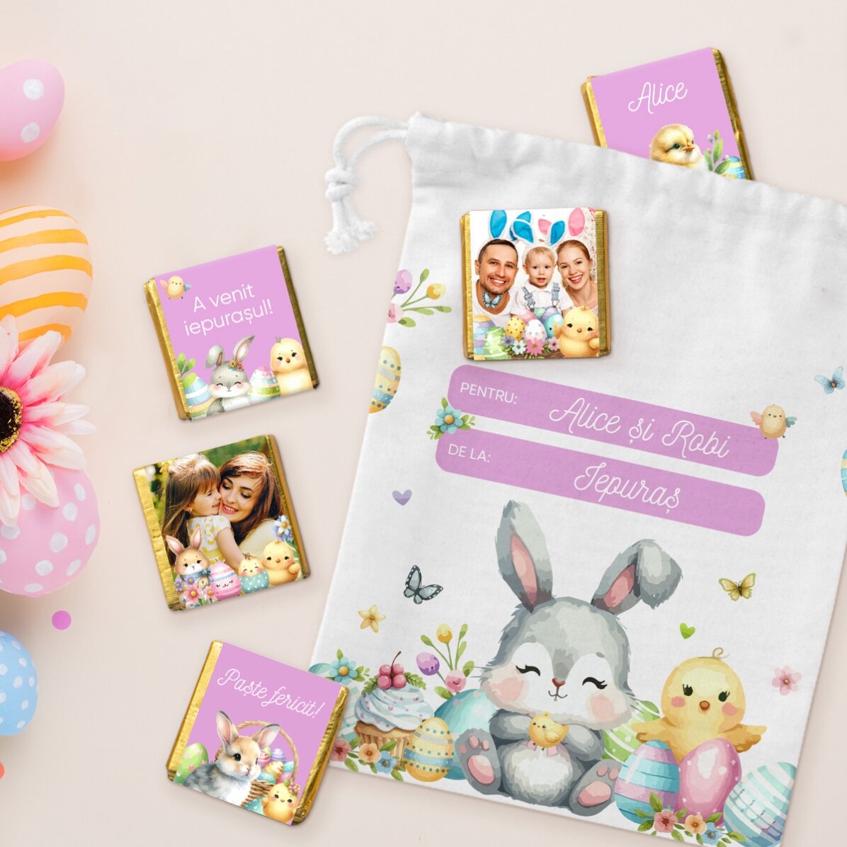 Personalizovaná sada – sáček a 5 mini čokoládek – Od zajíčka