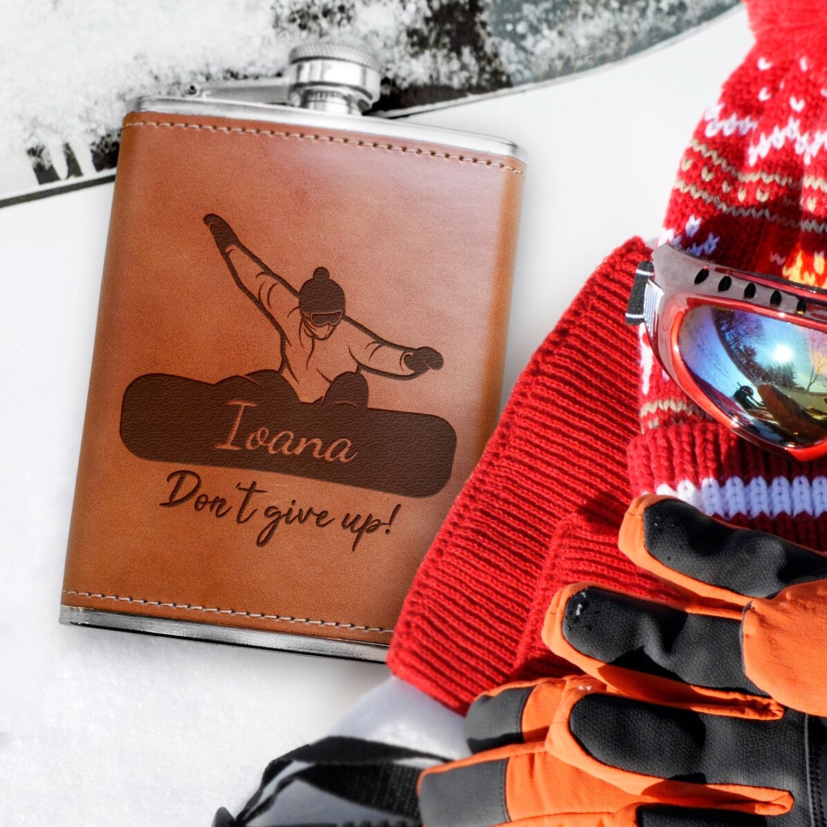 Kapesní láhev potažená kůží, s osobním věnováním a vzkazem – Snowboard