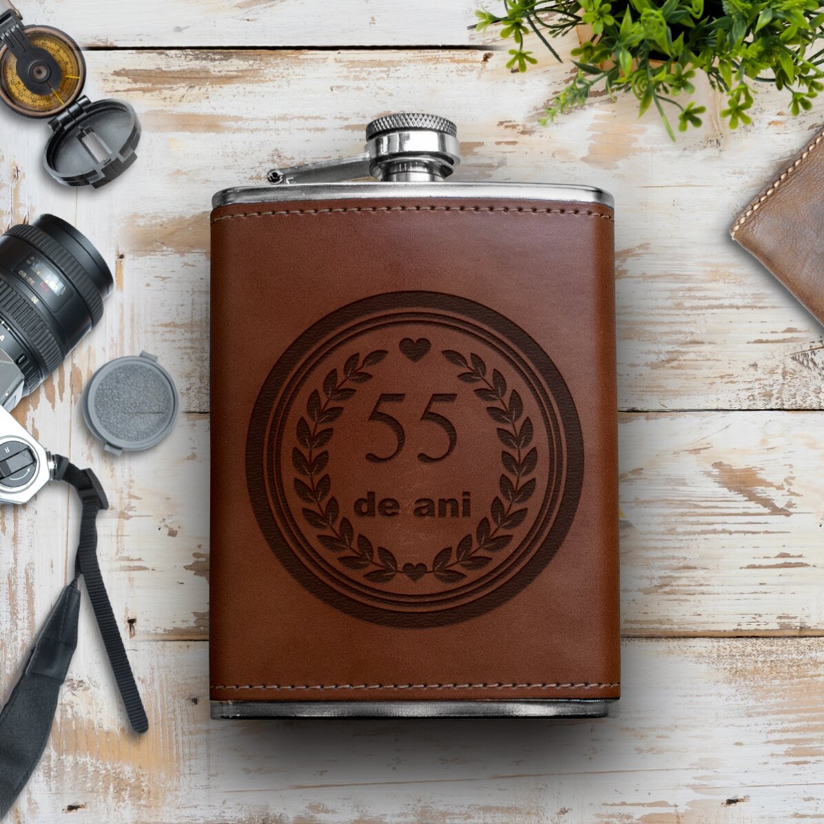Personalised leather-covered pocket flask - Anniversary